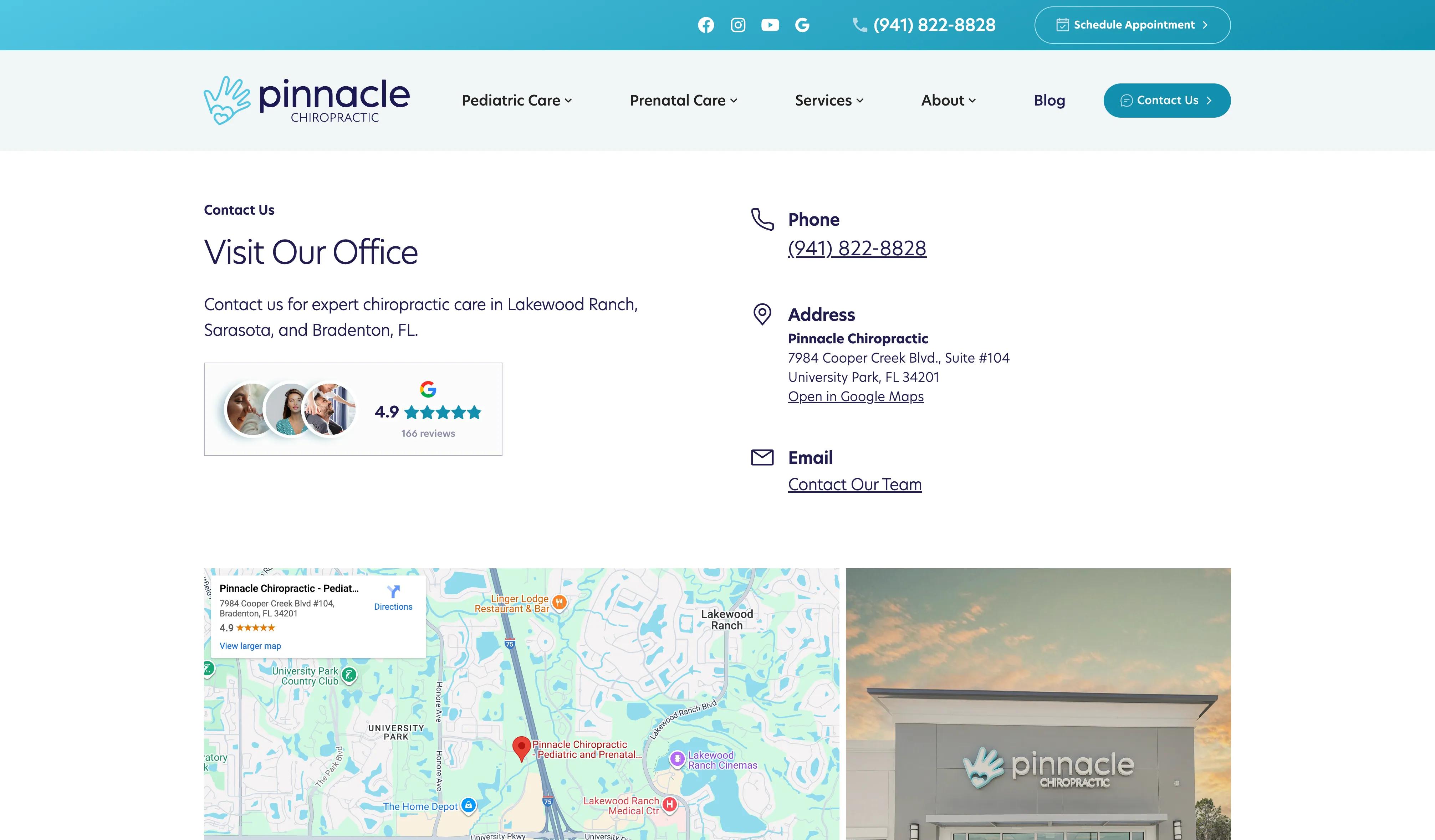 Pinnacle Chiropractic website homepage featuring pediatric and prenatal chiropractic services in Sarasota Florida