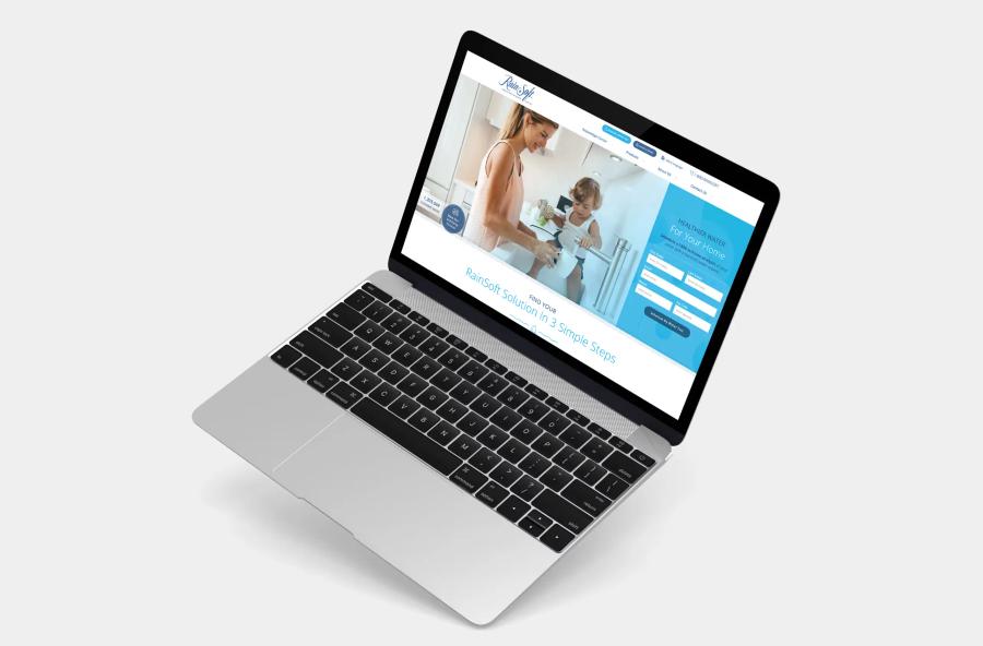 RainSoft water treatment website homepage with clean design for water filtration and softener systems