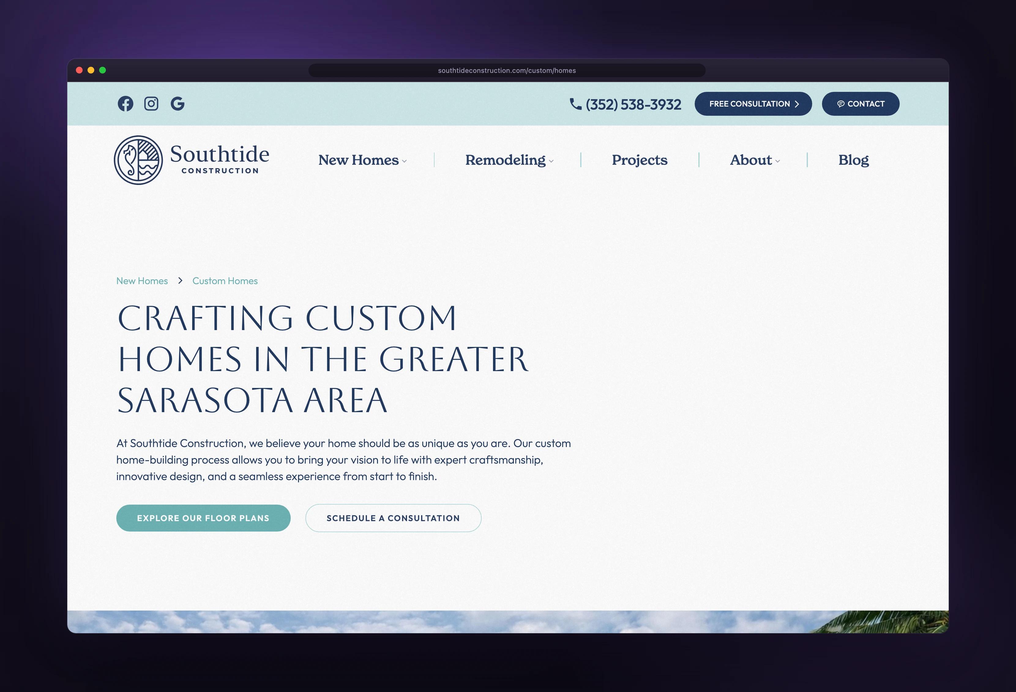 Southtide Construction custom homes shown in a browser window — designed and built by Dinko Design