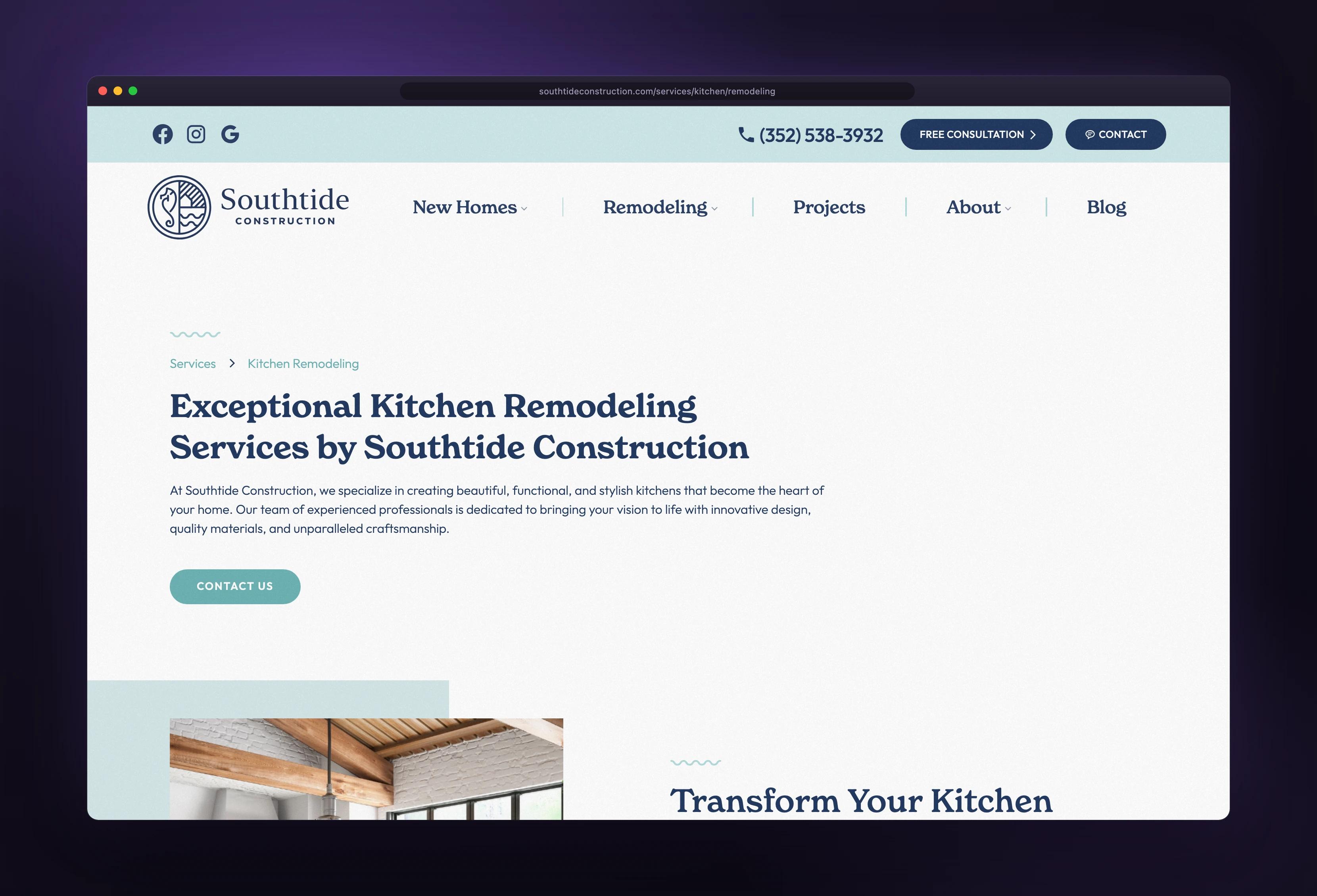 Southtide Construction services kitchen remodeling shown in a browser window — designed and built by Dinko Design
