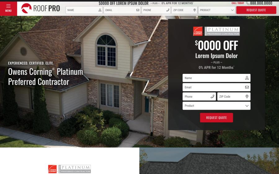 Owens Corning Roofing Templates home desktop — Experienced. Certified. Elite.