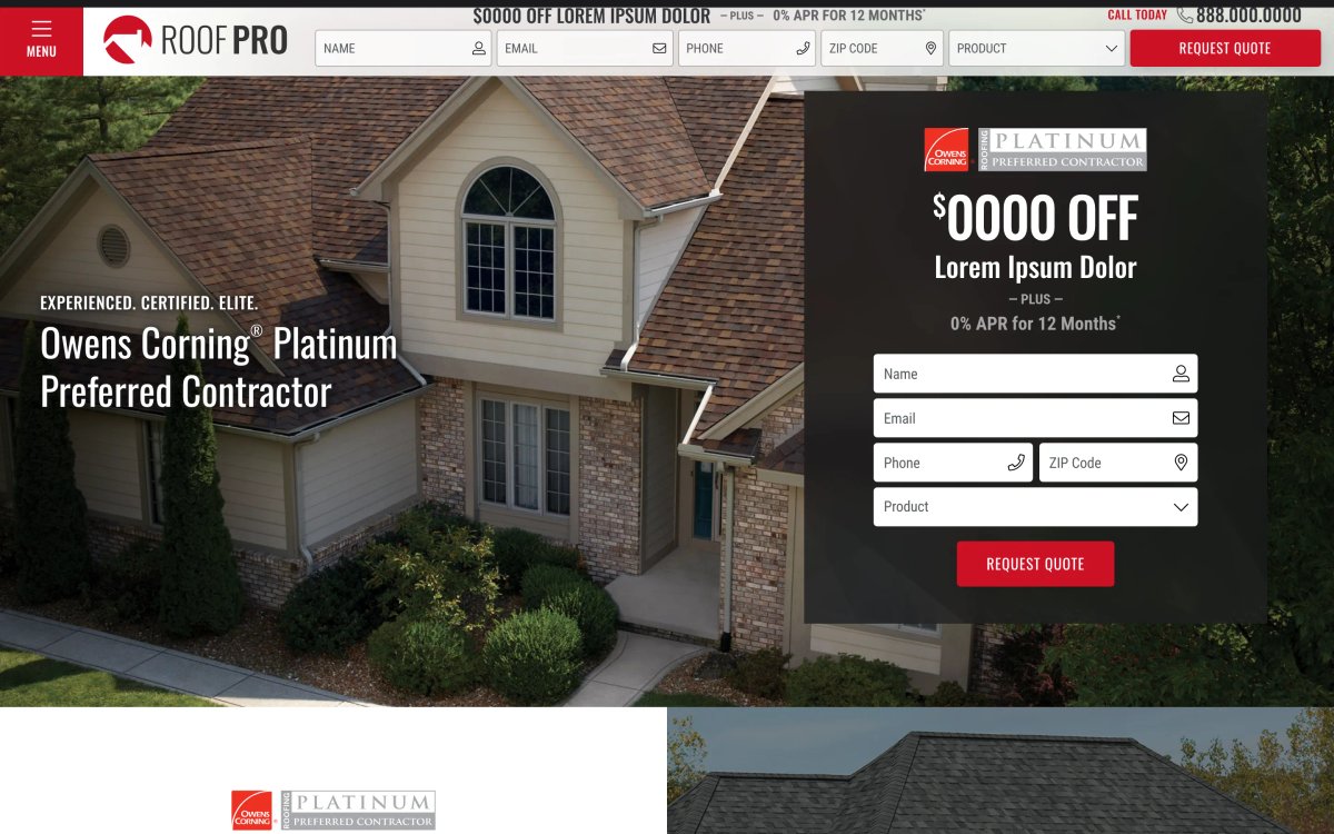 Owens Corning Roofing Templates home desktop — Experienced. Certified. Elite.