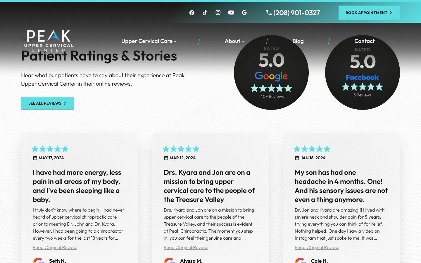 Peak Upper Cervical Chiropractic product service detail atlas alignment desktop — Patient Ratings & Stories