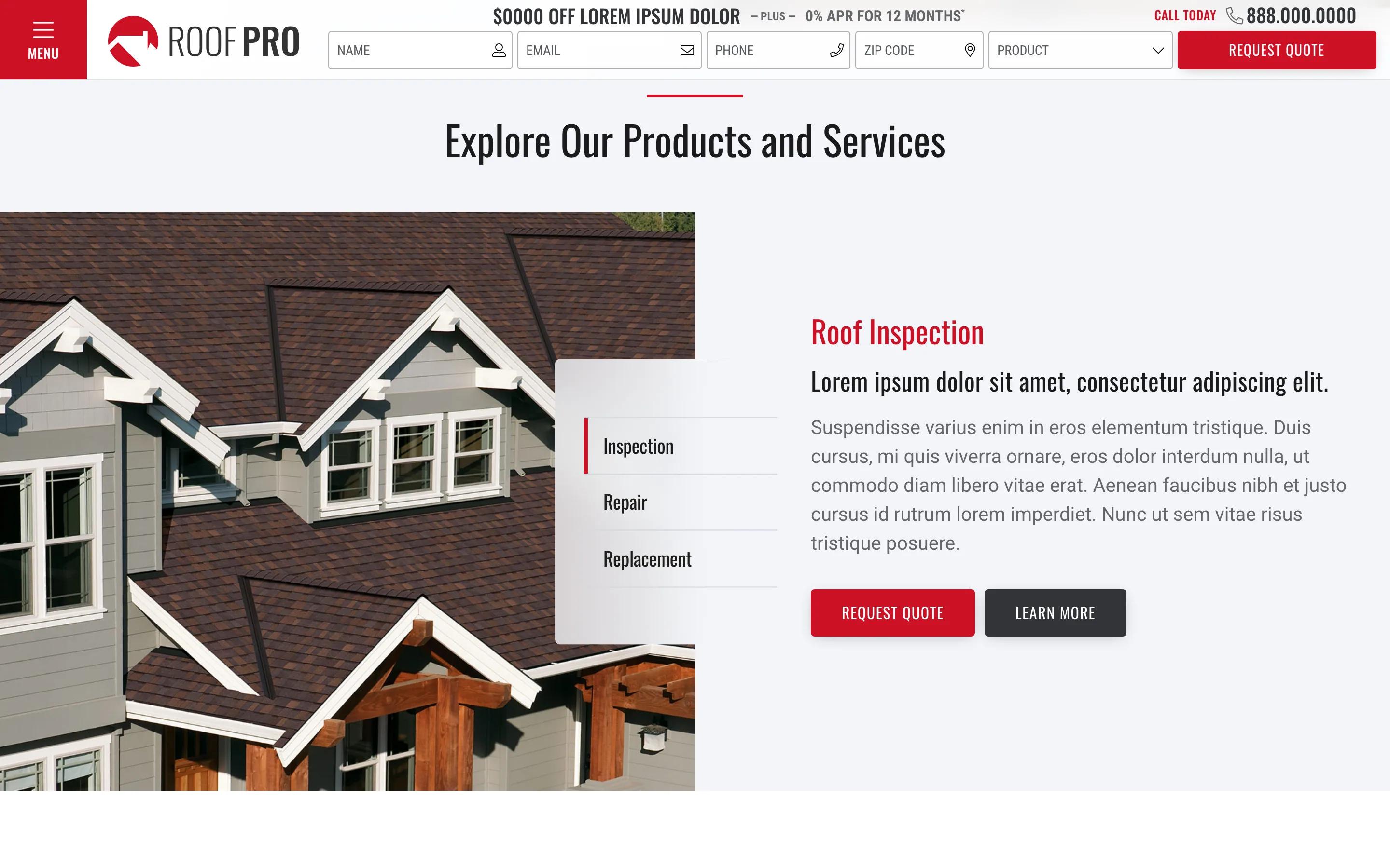 Owens Corning Roofing Templates home desktop — Explore Our Products and Services