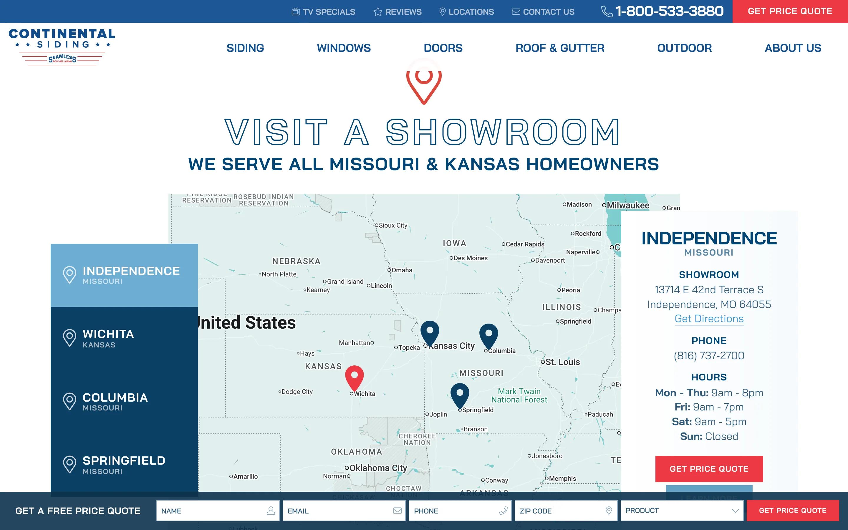 Continental Siding location index desktop — visit a Showroom