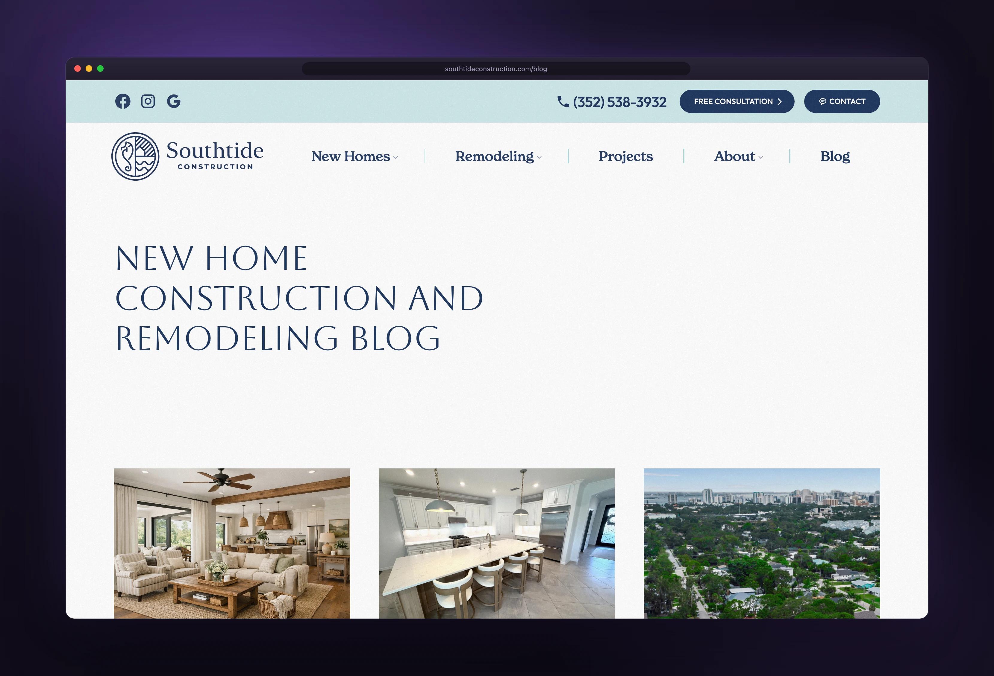 Southtide Construction blog shown in a browser window — designed and built by Dinko Design