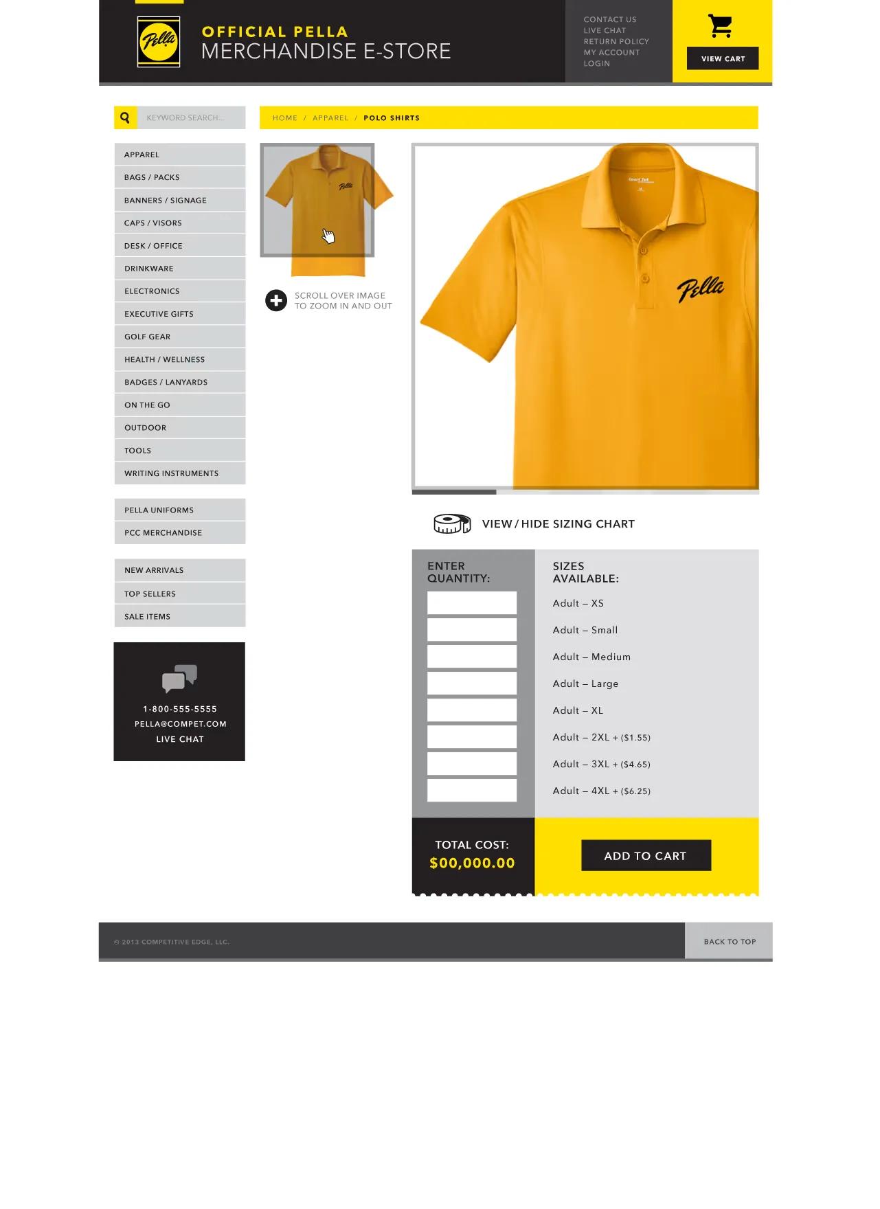 Pella merchandise store website featuring branded company apparel and promotional products