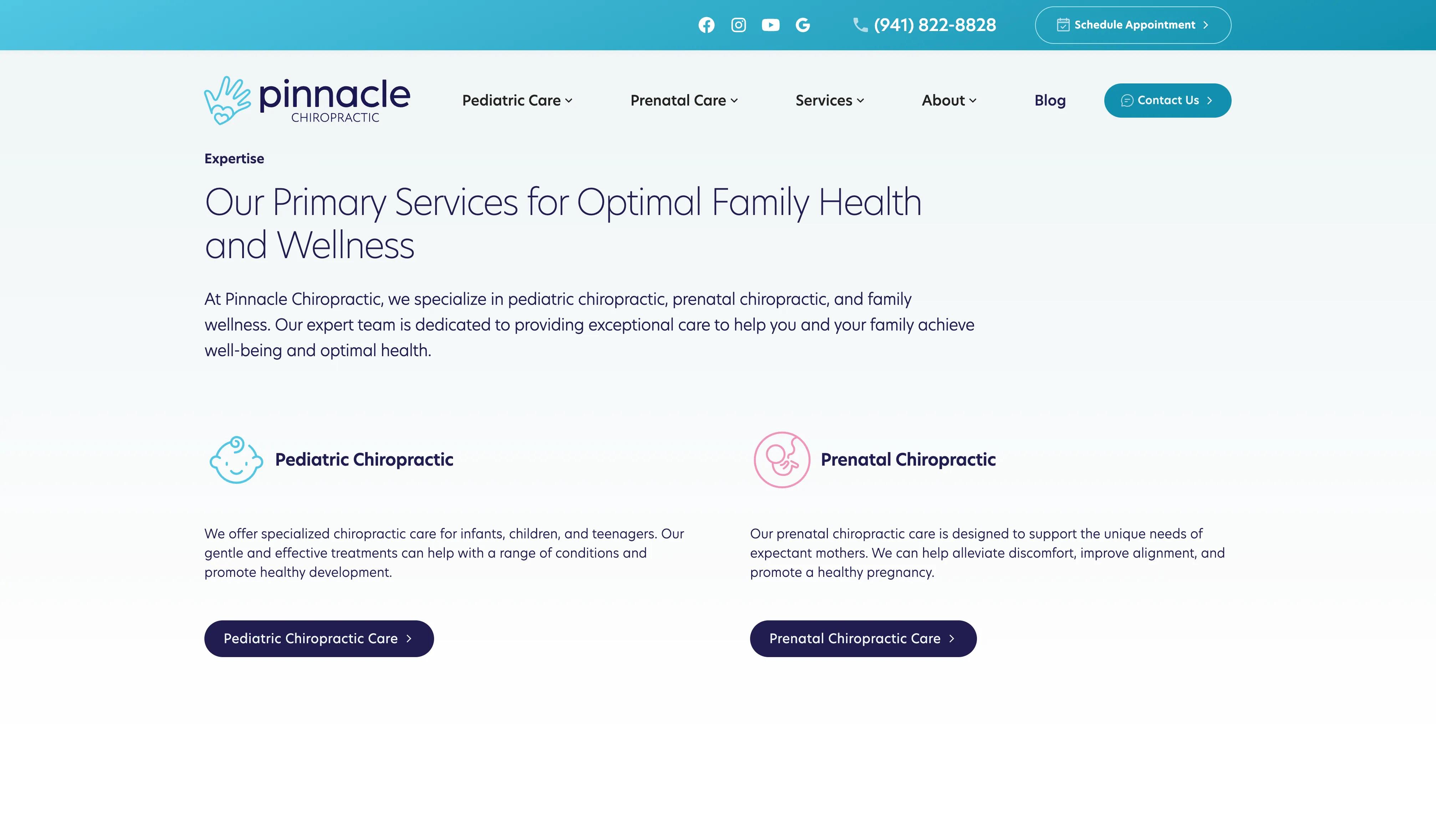 Pinnacle Chiropractic website homepage featuring pediatric and prenatal chiropractic services in Sarasota Florida
