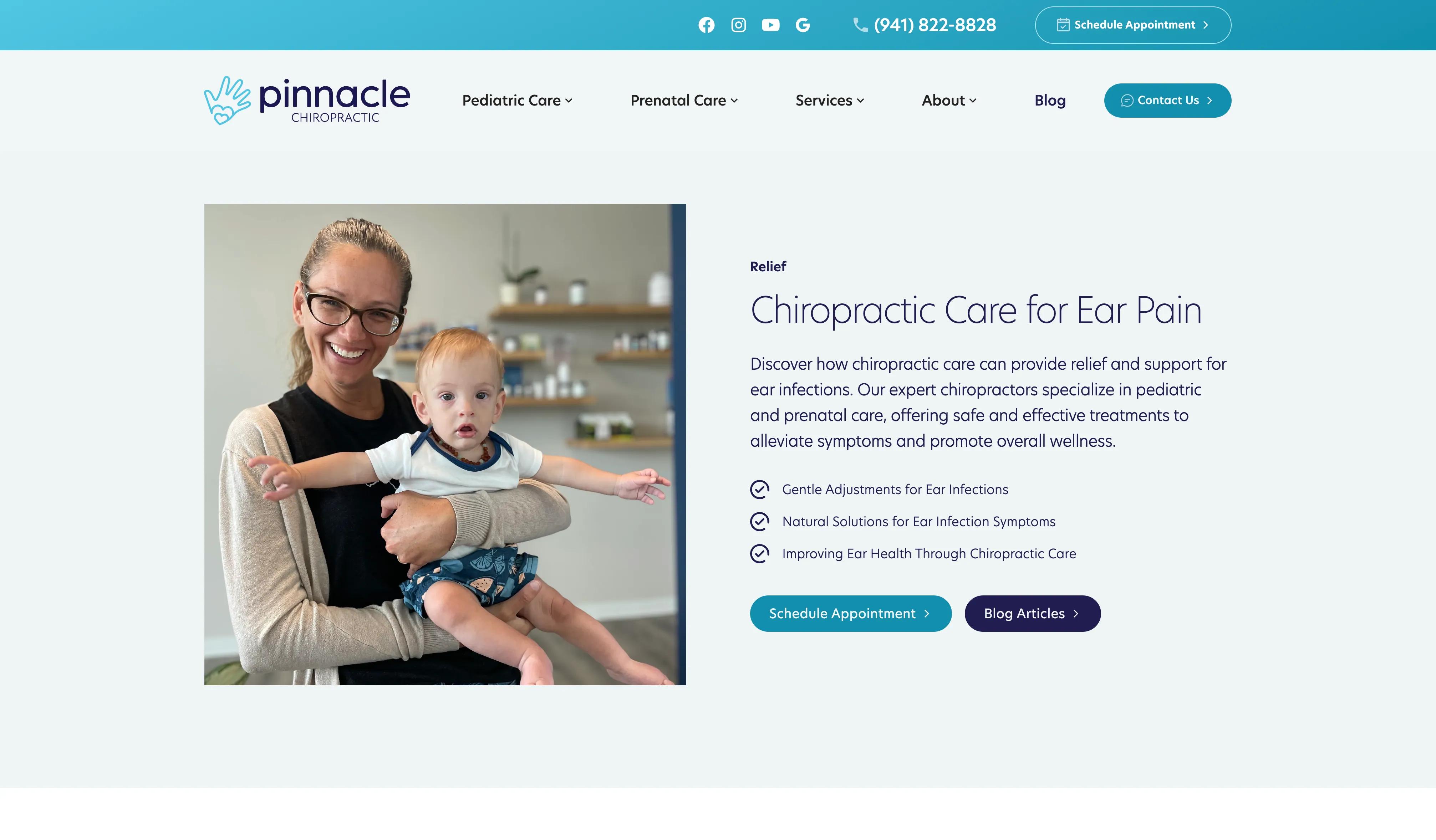 Pinnacle Chiropractic website homepage featuring pediatric and prenatal chiropractic services in Sarasota Florida