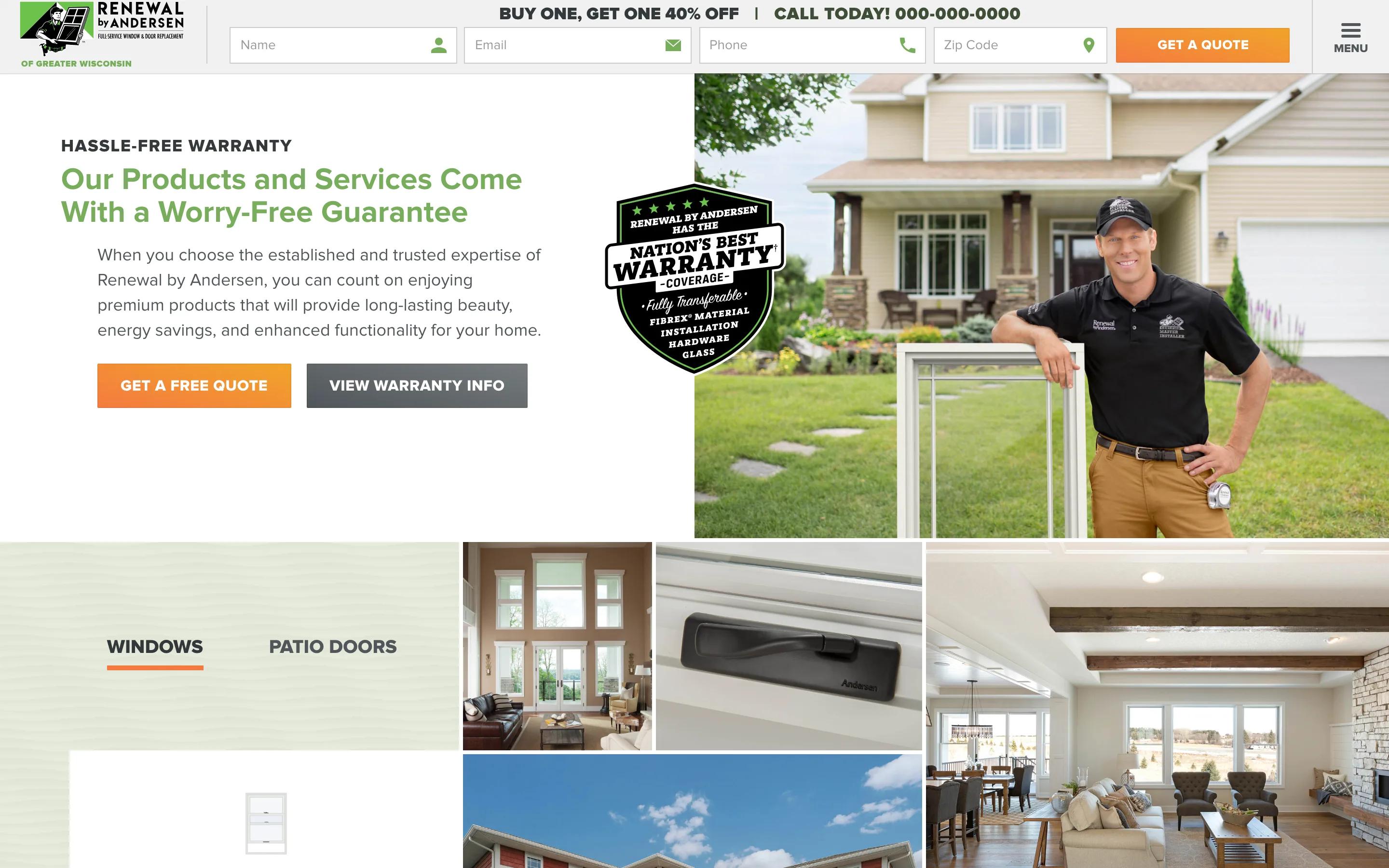 Renewal by Andersen Dealer Template home desktop — Our Products and Services Come With a Wo