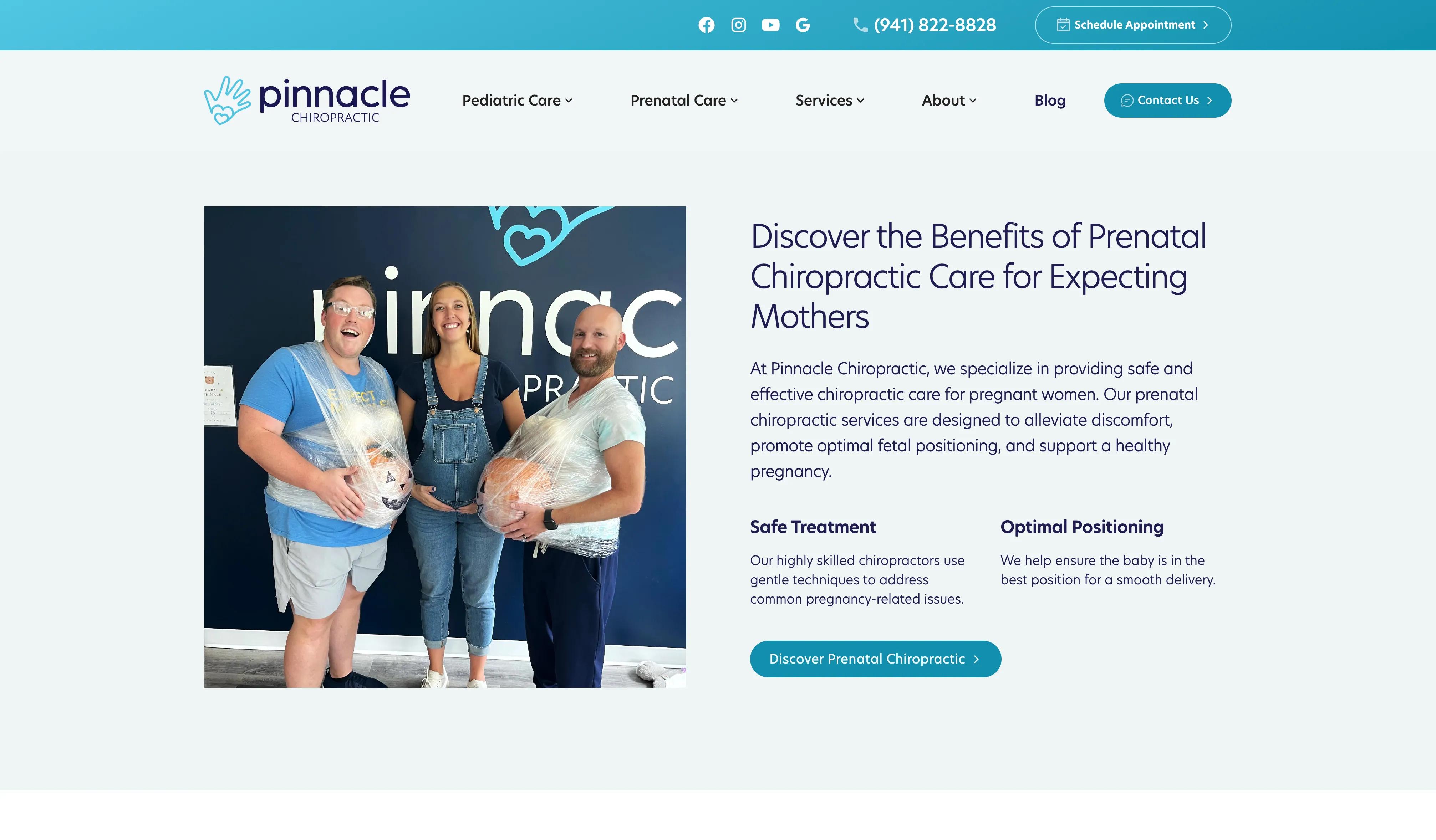 Pinnacle Chiropractic website homepage featuring pediatric and prenatal chiropractic services in Sarasota Florida