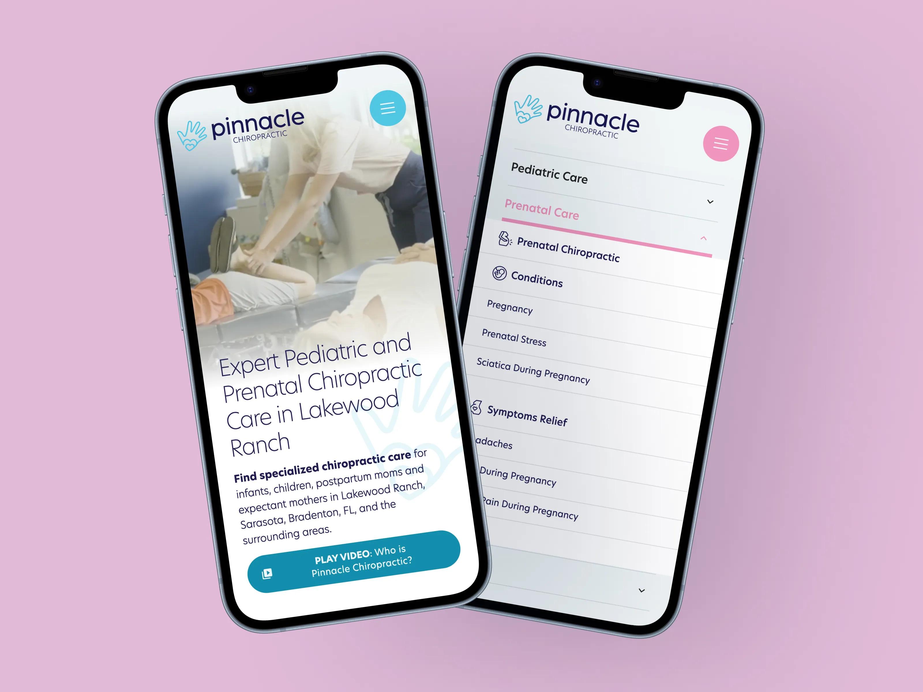Pinnacle Chiropractic symptom-specific pages targeting infant torticollis, ear infections and breastfeeding support with educational content