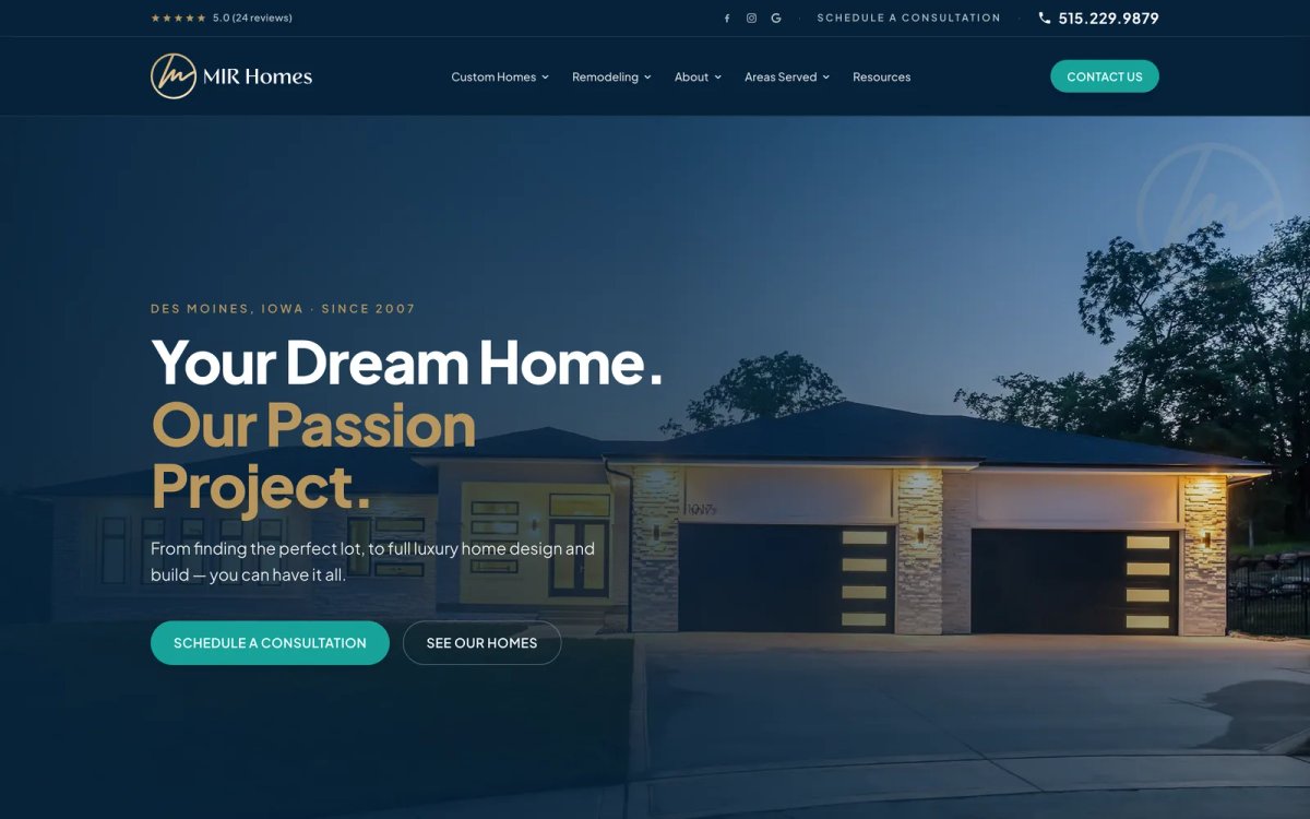 MIR Homes website homepage