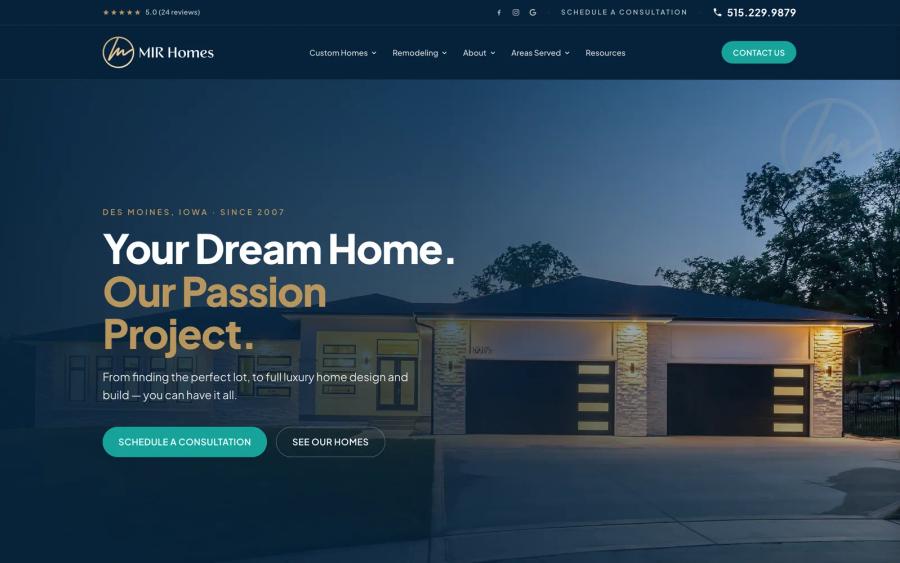MIR Homes website homepage
