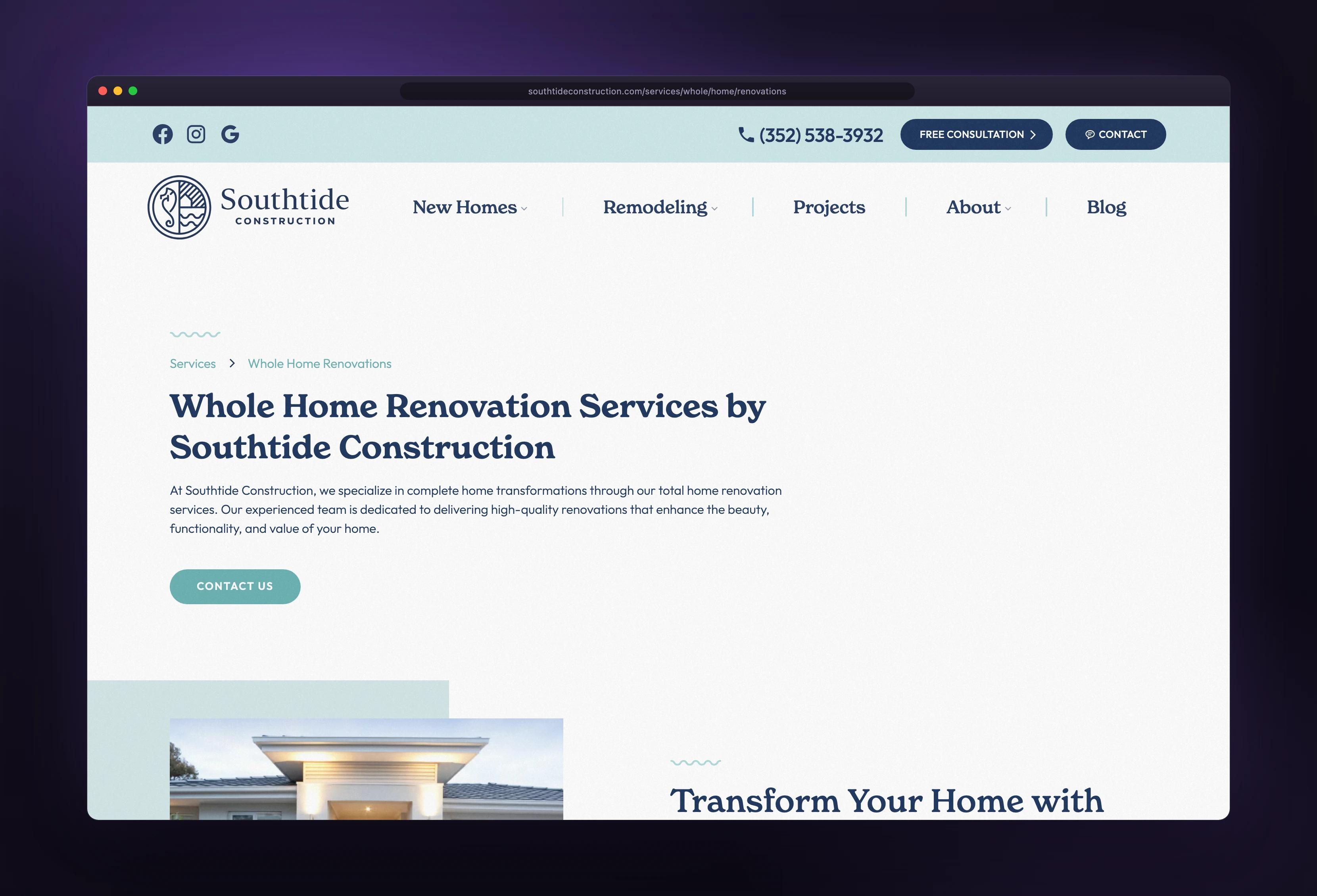 Southtide Construction services whole home renovations shown in a browser window — designed and built by Dinko Design