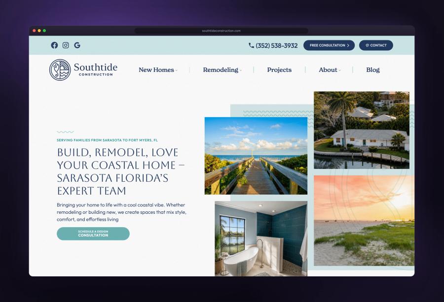 Southtide Construction homepage shown in a browser window — designed and built by Dinko Design
