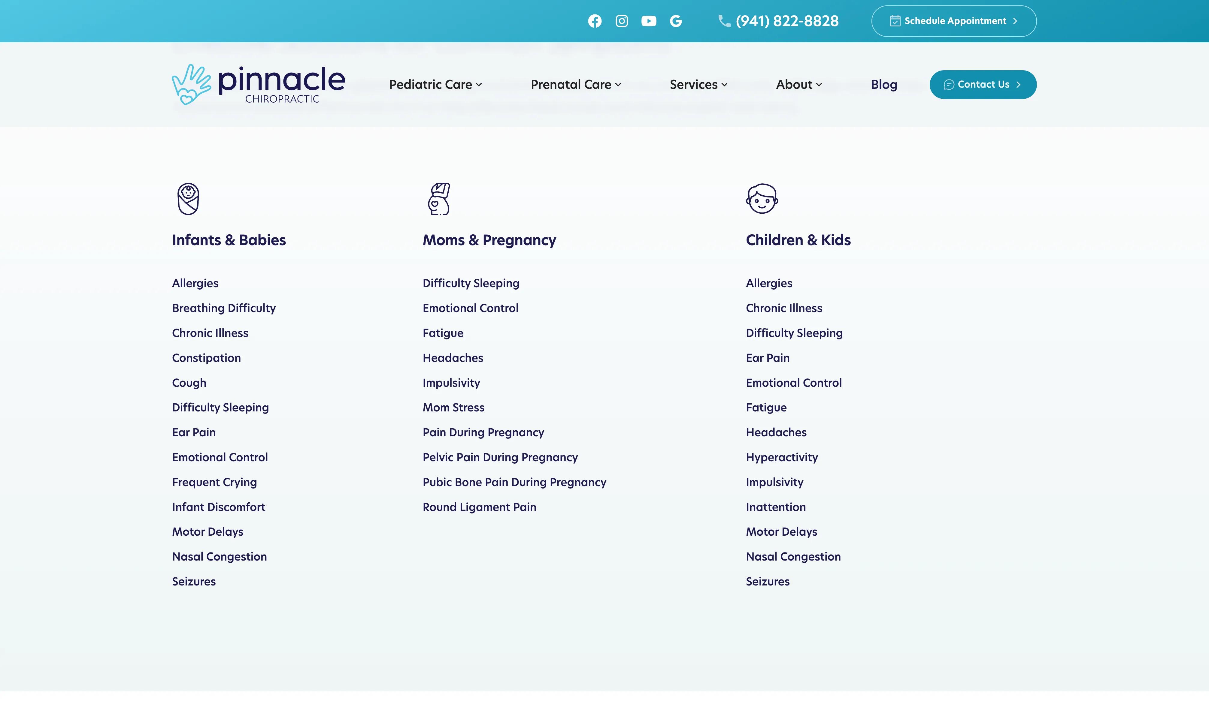Pinnacle Chiropractic website homepage featuring pediatric and prenatal chiropractic services in Sarasota Florida