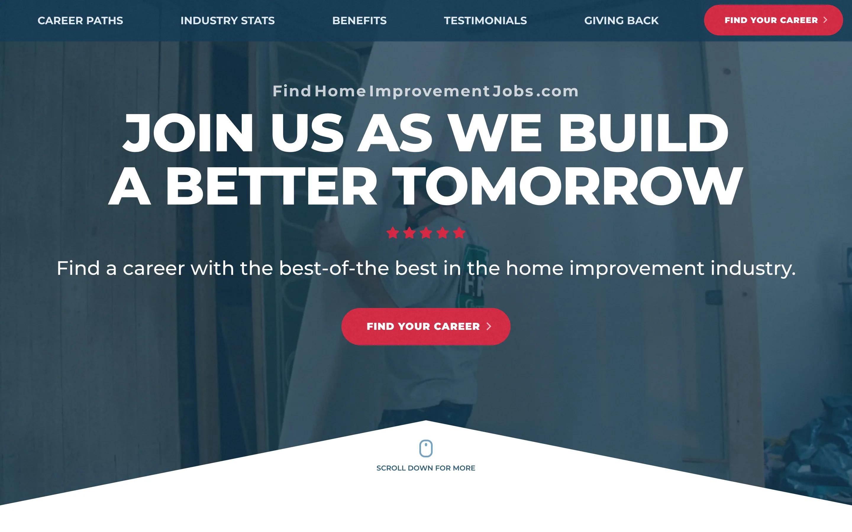Home Improvement Careers home desktop — JOIN US AS WE BUILD A BETTER TOMORROW