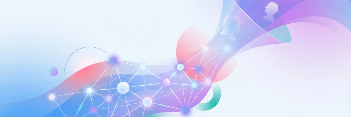 Abstract illustration of AI-powered candidate screening with neural network nodes and filtering funnel shapes in blue-purple gradient