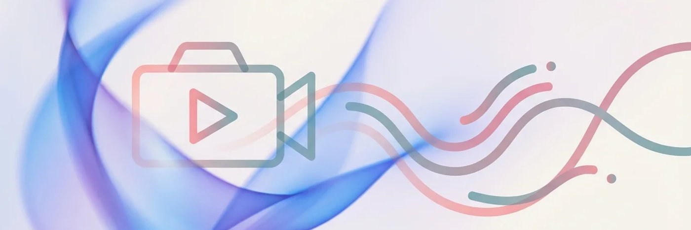 Abstract illustration of a camera and play button with flowing lines in blue and purple gradients representing one-way video interviews