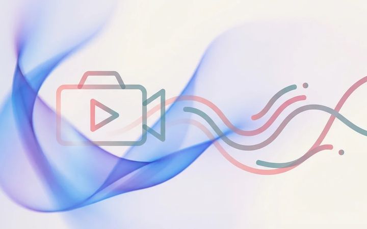 Abstract illustration of a camera and play button with flowing lines in blue and purple gradients representing one-way video interviews