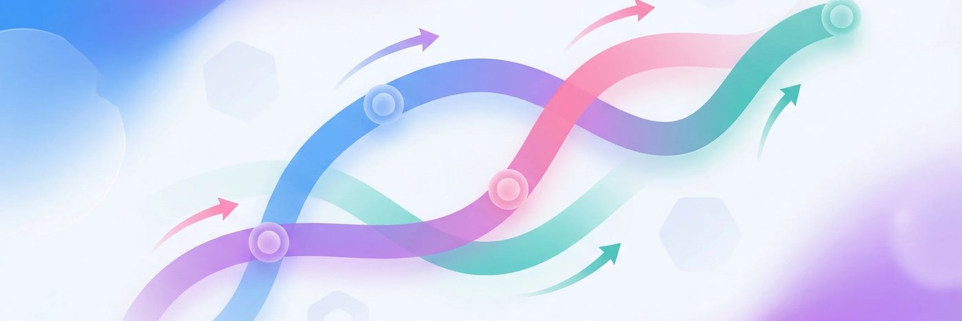 Abstract flowing pathways with blue-purple gradients representing the candidate journey through hiring stages