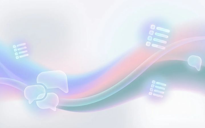 Abstract illustration of chat bubbles and checklist shapes in blue and purple gradients representing screening interview questions