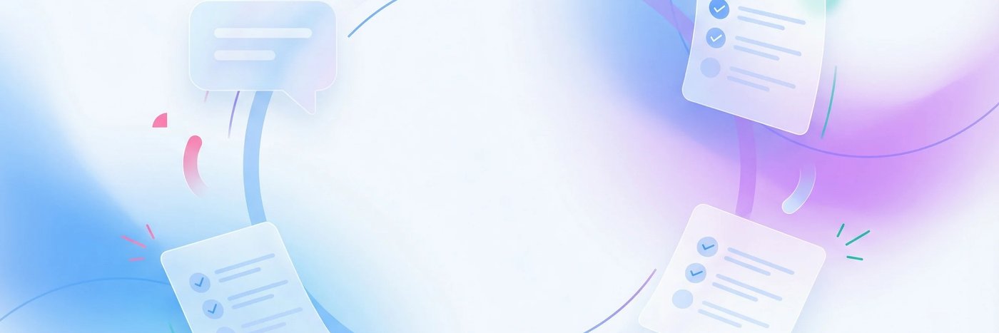 Abstract blue-purple gradient composition with chat bubble shapes, rounded checklist forms, and subtle call-wave arcs representing recruiter phone screening