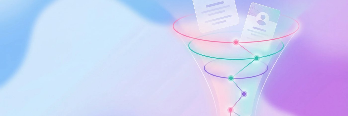 Abstract candidate profile cards flowing through a digital screening funnel