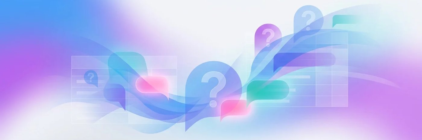 Abstract illustration of speech bubbles and question marks in blue and purple gradients representing interview questions for candidates