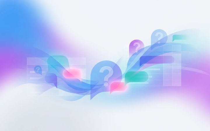 Abstract illustration of speech bubbles and question marks in blue and purple gradients representing interview questions for candidates