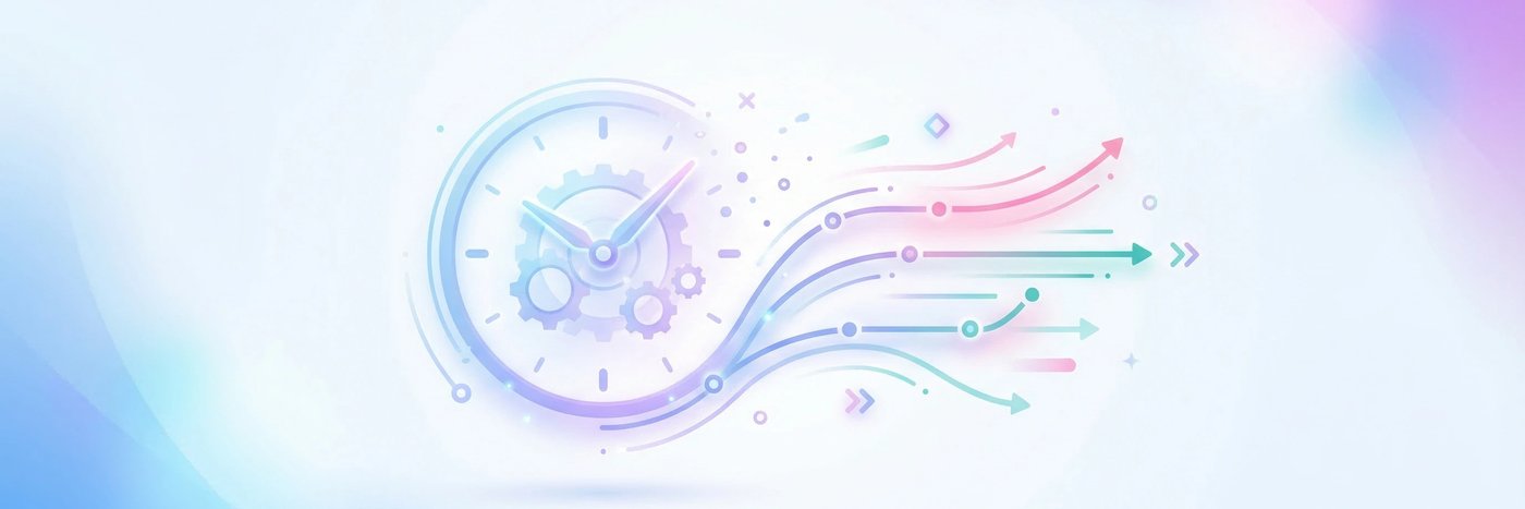 Abstract illustration of a clock dissolving into flowing timeline segments in blue and purple gradients representing time-to-hire reduction
