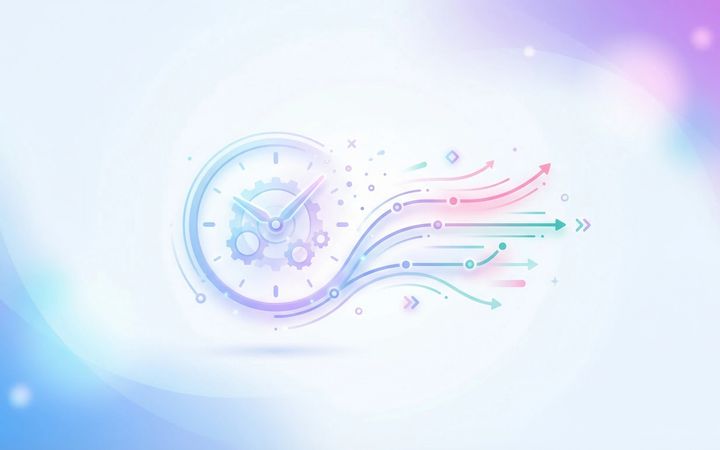 Abstract illustration of a clock dissolving into flowing timeline segments in blue and purple gradients representing time-to-hire reduction