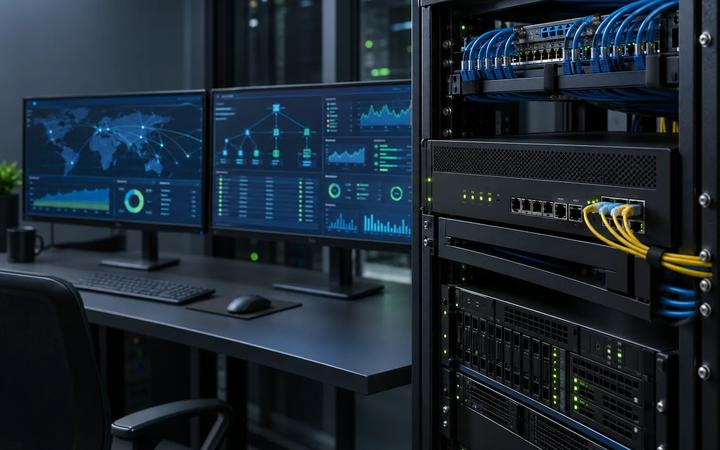 A monitoring desk of dashboards and network maps beside a server rack patched with fibre.