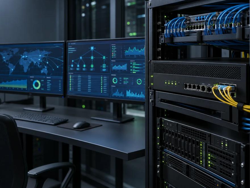 A monitoring desk of dashboards and network maps beside a server rack patched with fibre.