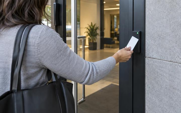 A person holding a keycard to a card reader beside a glass office entrance.