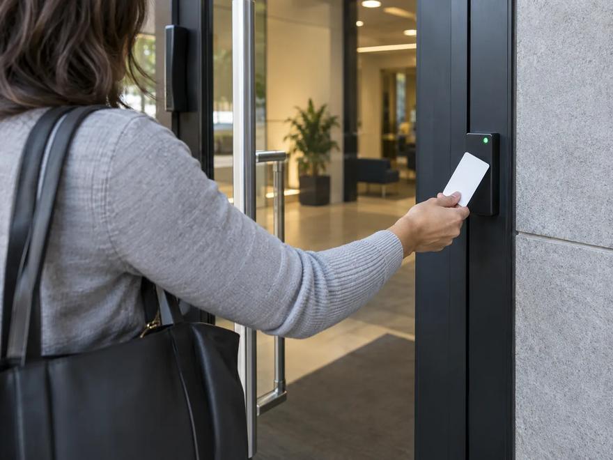 A person holding a keycard to a card reader beside a glass office entrance.