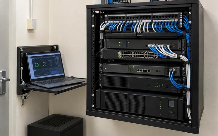 A wall-mounted network cabinet of switches and patch panels with a laptop open on a fold-out shelf beside it.