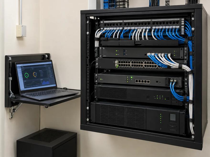 A wall-mounted network cabinet of switches and patch panels with a laptop open on a fold-out shelf beside it.