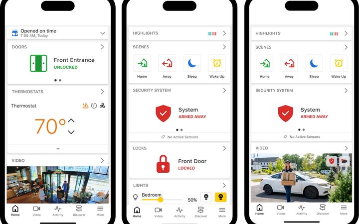 Three phone screens showing a smart security app: door status and thermostat, home and away scenes with the system armed, and a live camera view.