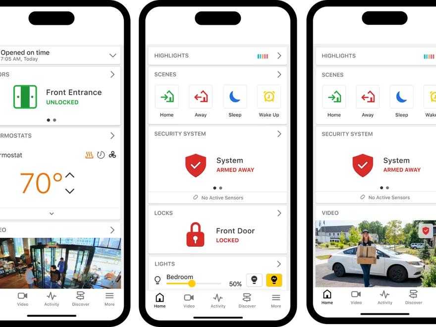Three phone screens showing a smart security app: door status and thermostat, home and away scenes with the system armed, and a live camera view.