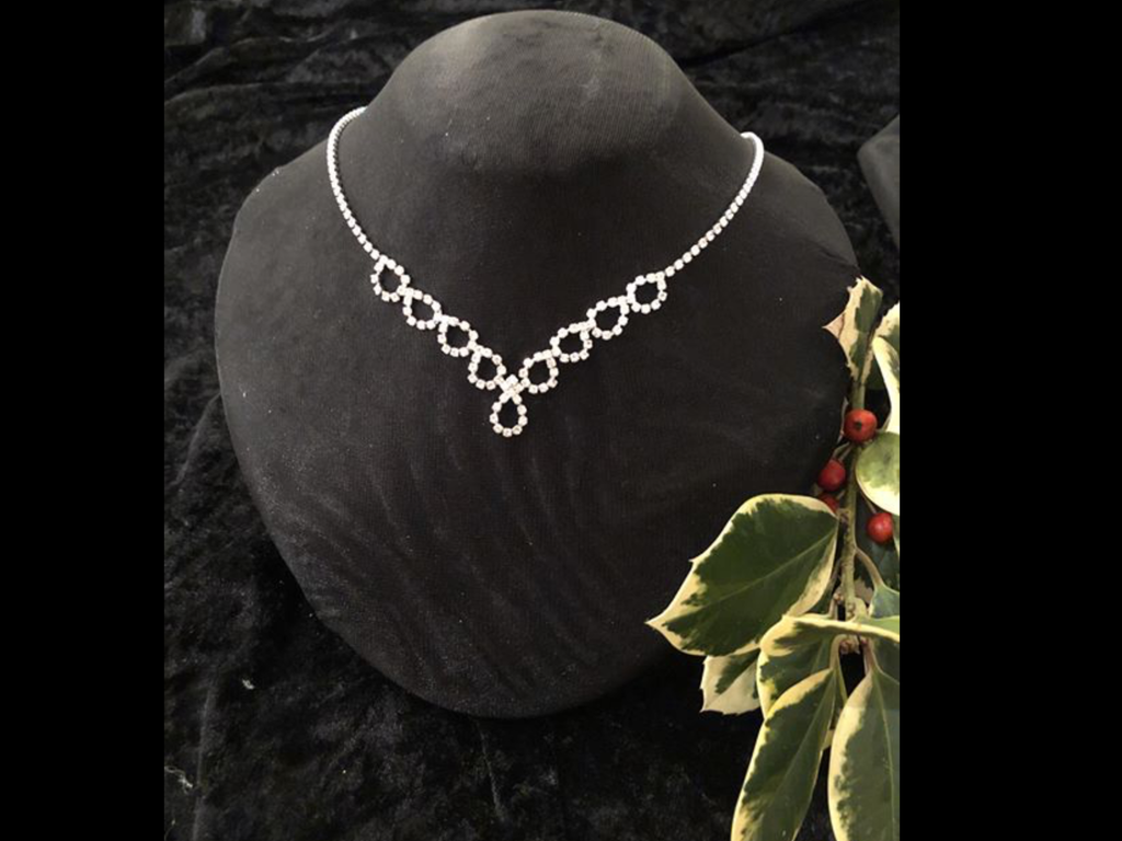 Collier met strass op een zwarte buste, met een hulsttakje ernaast