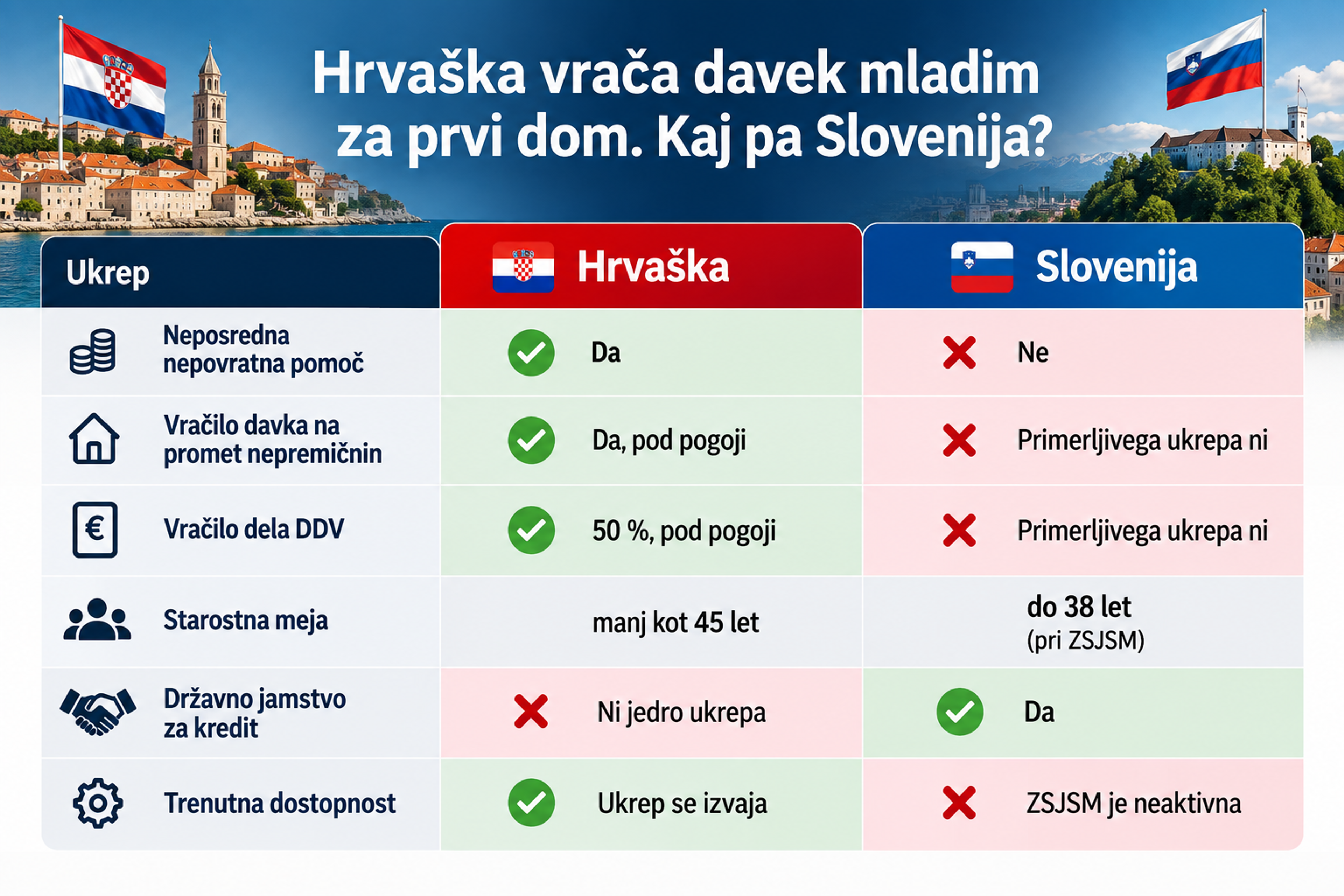 Primerjava pomoči mladim pri nakupu prvega doma na Hrvaškem in v Sloveniji, vračilo davka, DDV in državno jamstvo za kredit.