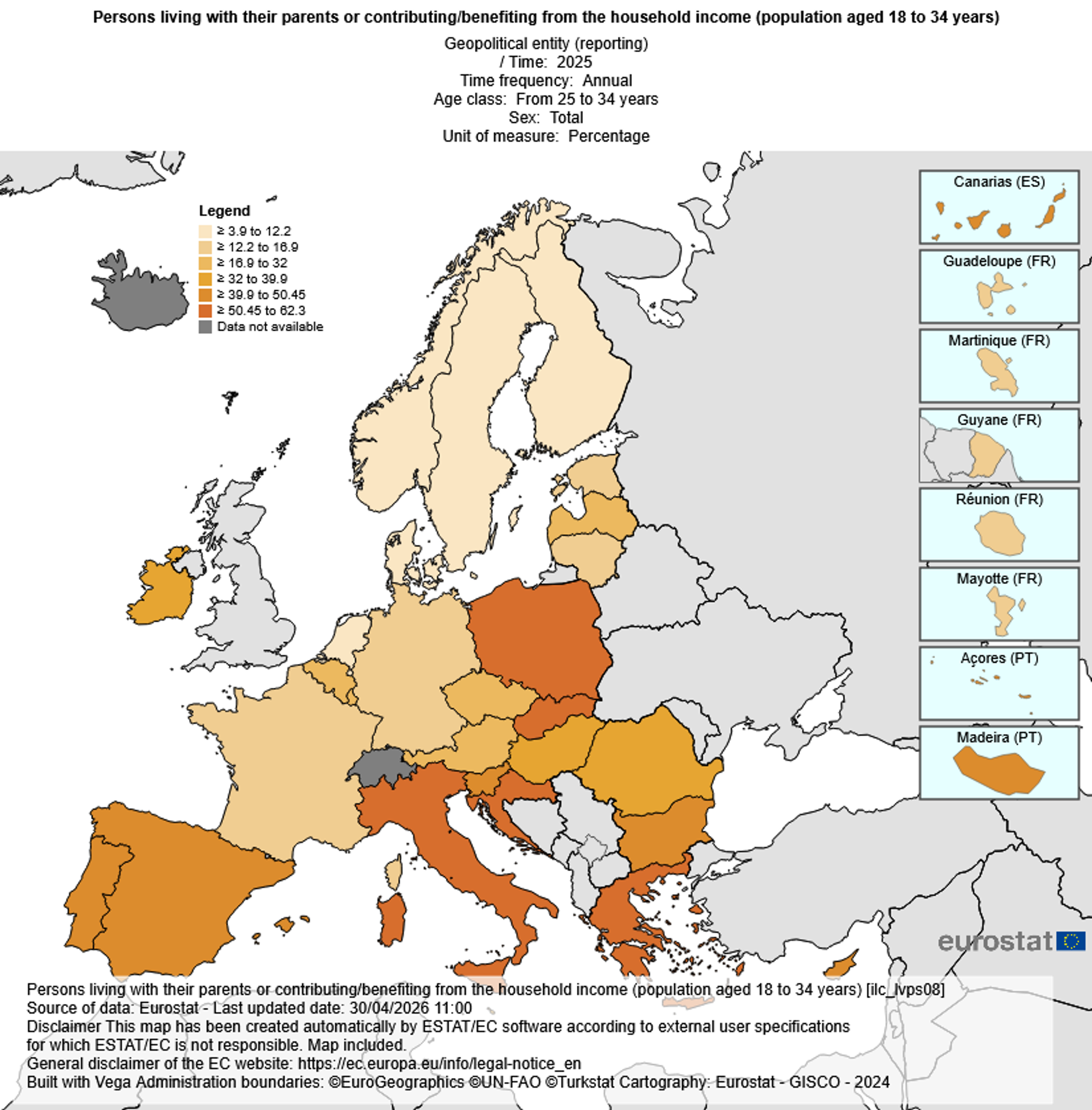 Zemljevid Eurostata za leto 2025 prikazuje delež mladih, starih od 25 do 34 let, ki živijo pri starših ali ostajajo del njihovega gospodinjstva; Slovenija je med državami z višjim deležem.
