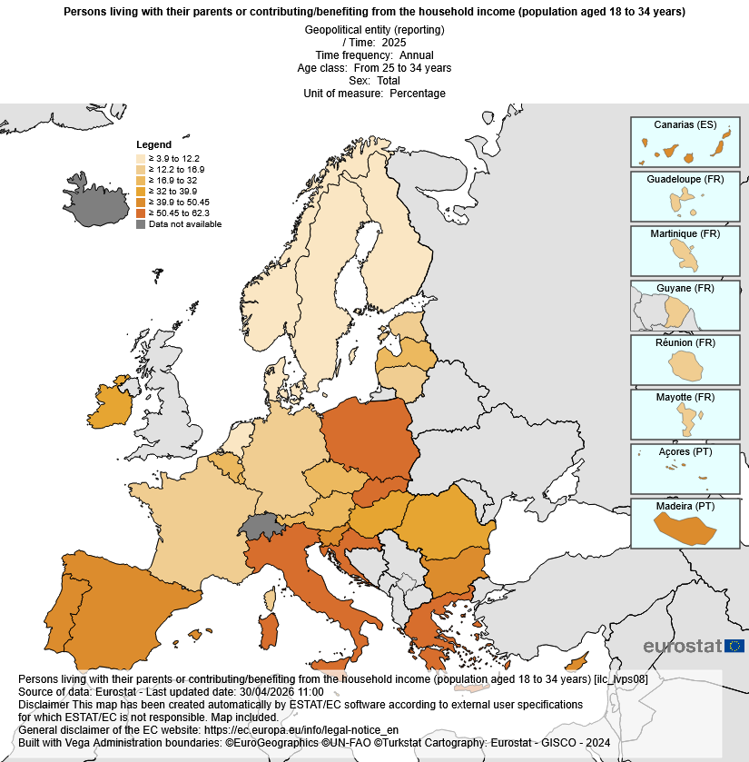 Zemljevid Eurostata za leto 2025 prikazuje delež mladih, starih od 25 do 34 let, ki živijo pri starših ali ostajajo del njihovega gospodinjstva; Slovenija je med državami z višjim deležem.