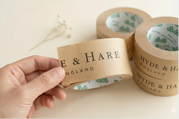 Unrolled Hyde and Hare custom kraft tape with repeated black logo