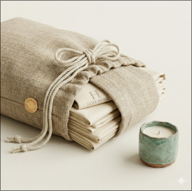 Reusable linen drawstring bag with folded home textiles and a candle for gift packaging