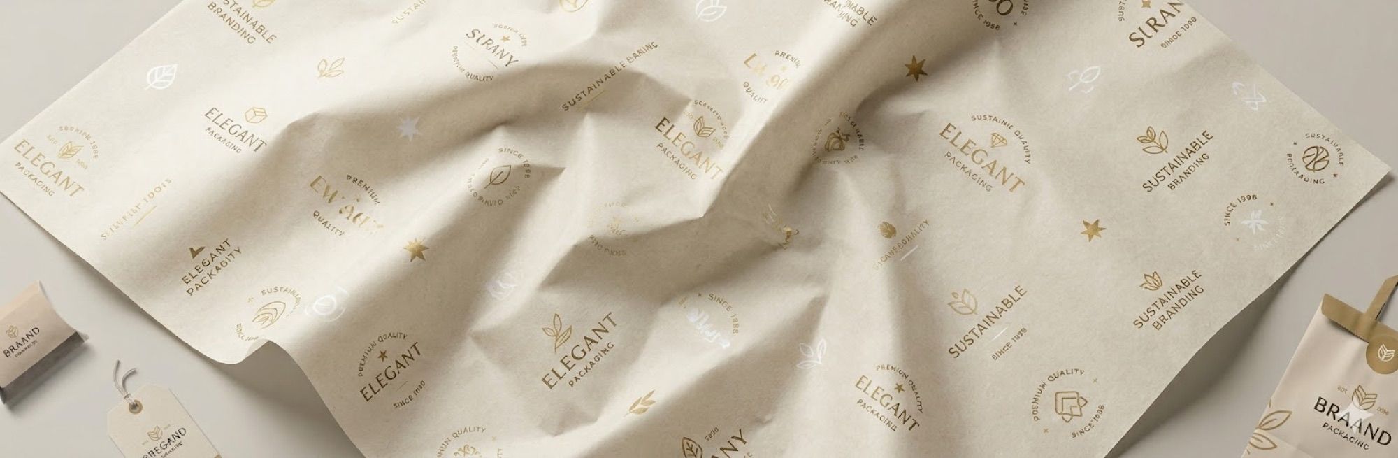 Cream custom printed tissue paper with gold brand pattern for packaging