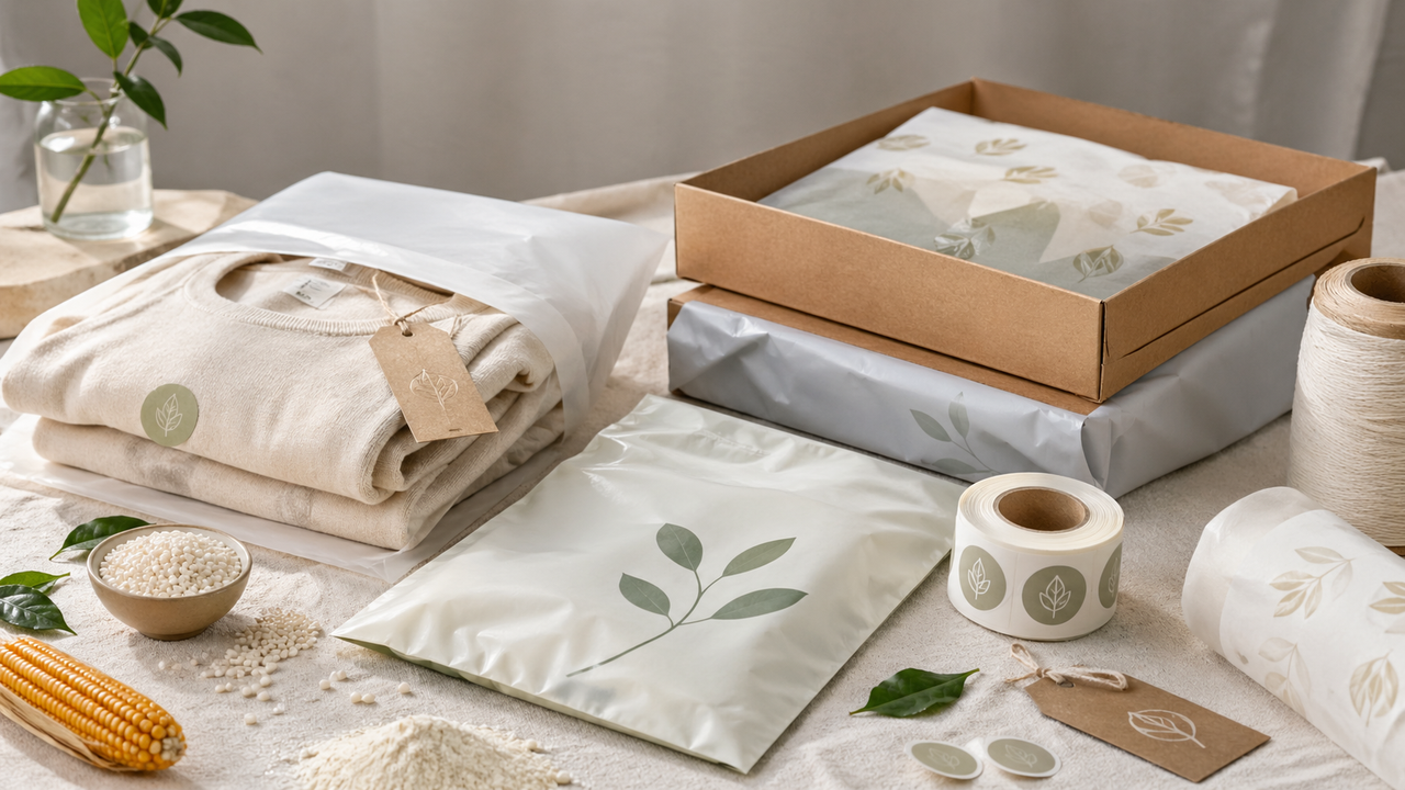 Biodegradable packaging display with folded apparel, paper boxes, and soft natural materials