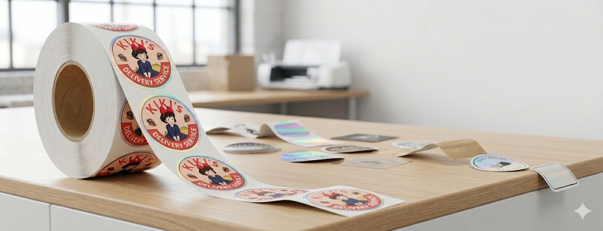 Custom sticker rolls and packaging labels on a worktable